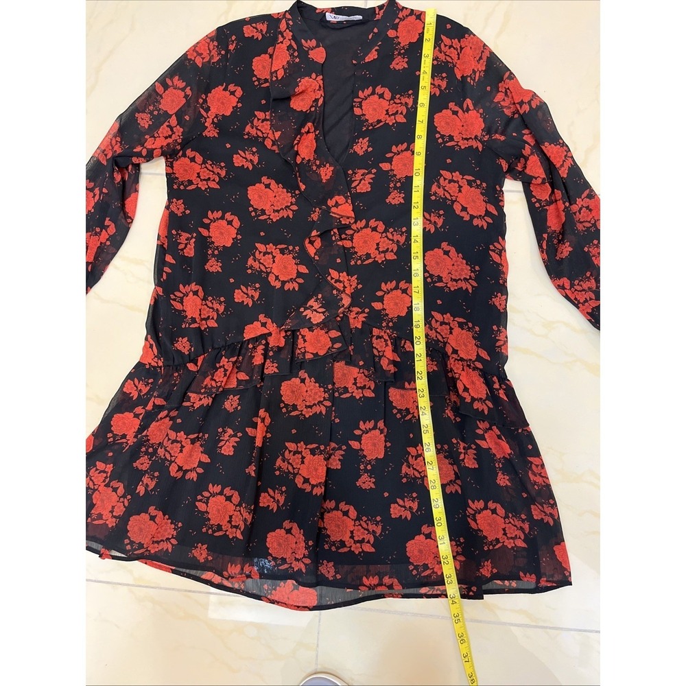Zara Floral Mini Dress Womens L Black Red Rose Ruffle V-Neck Long Sleeve Good - Picture 5 of 11